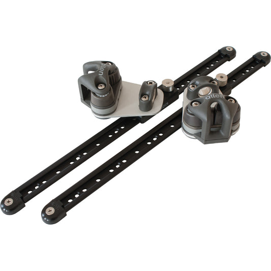 Allen Track with adjustable wire piston stops, with bullseye fairleads and swivel cleats - Dinghy Shack